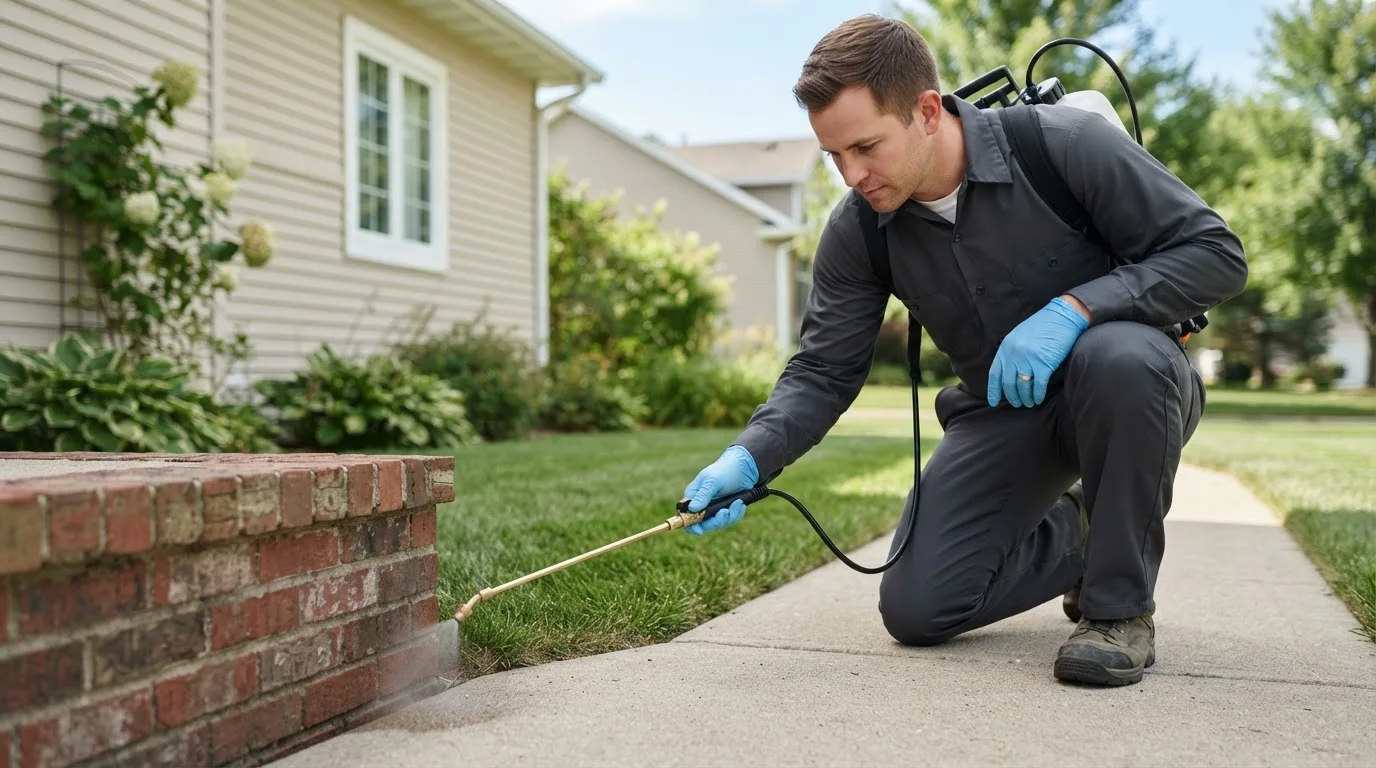 Pest control technician treating a home near Oden, MI