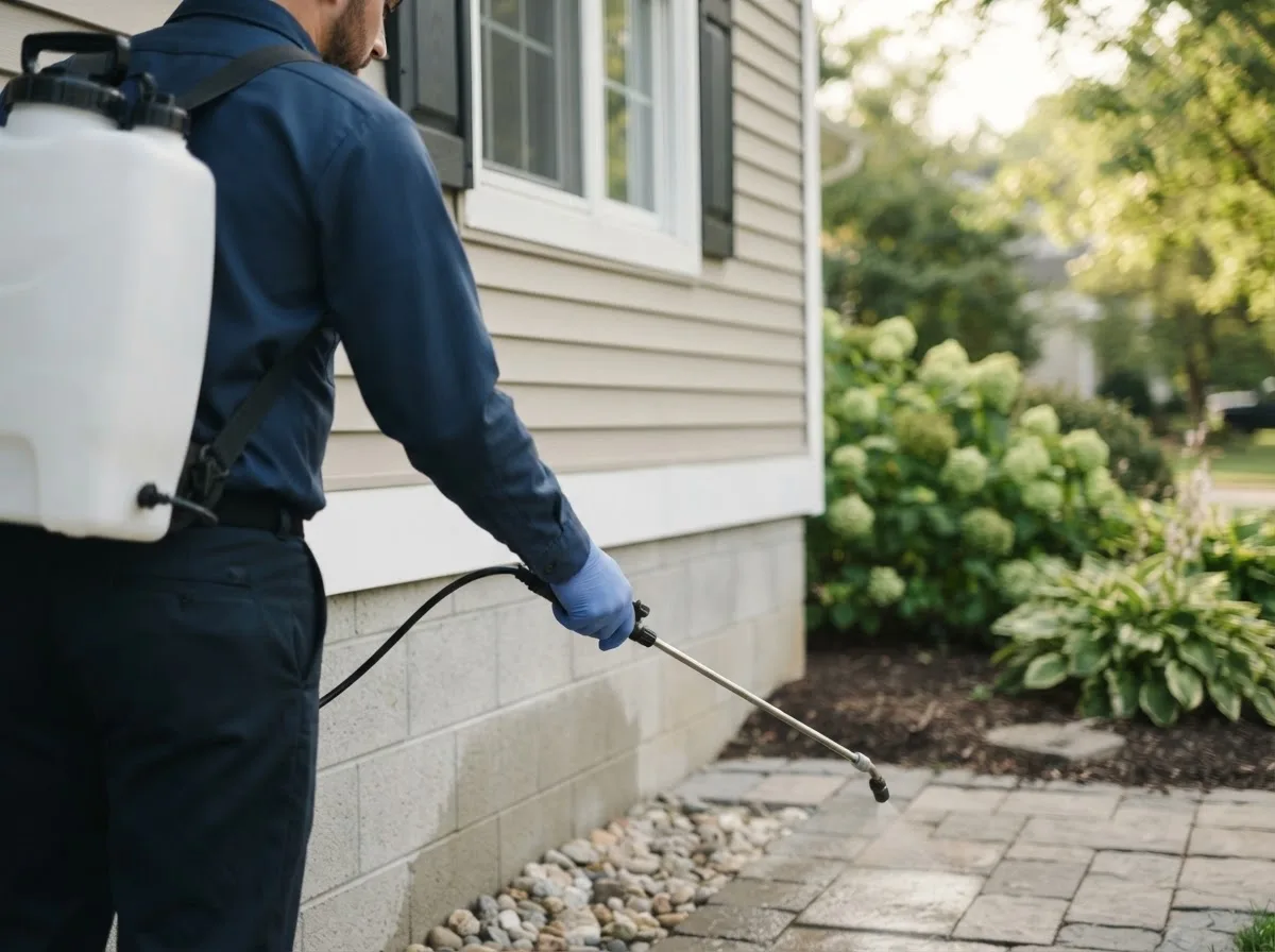 Pest control technician inspecting a home in Oden, MI